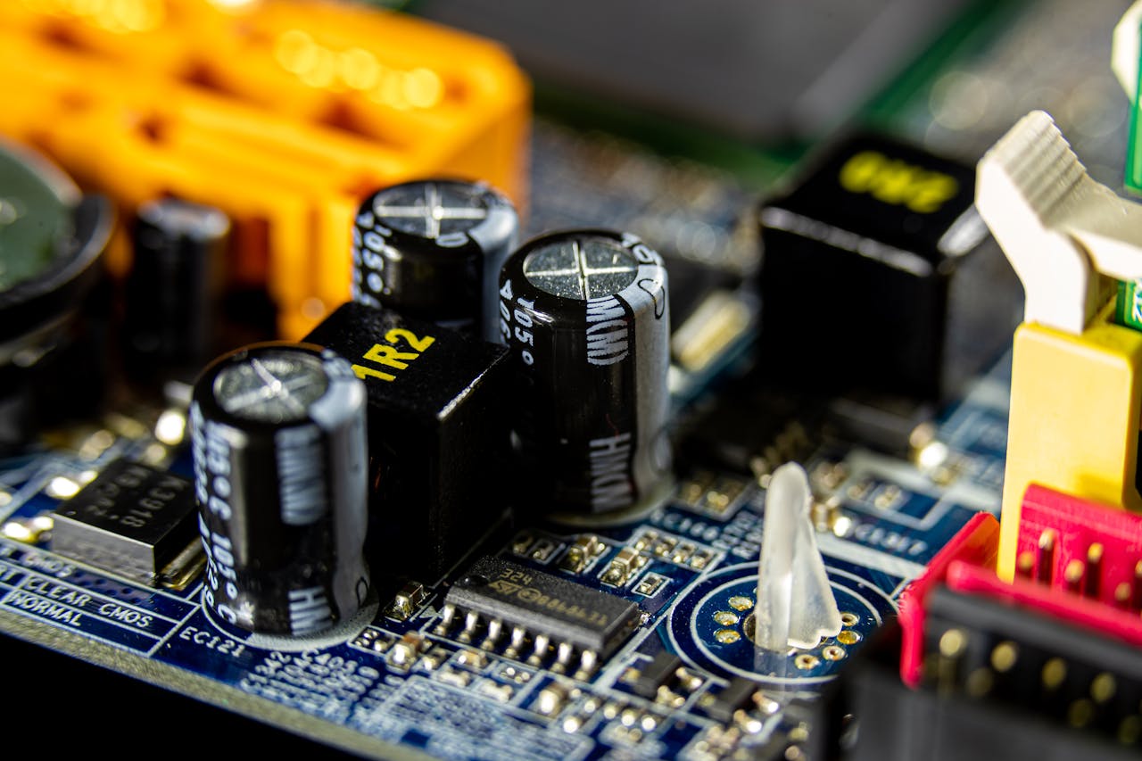 services-03 Detailed view of electronic components on a circuit board for computer technology.
